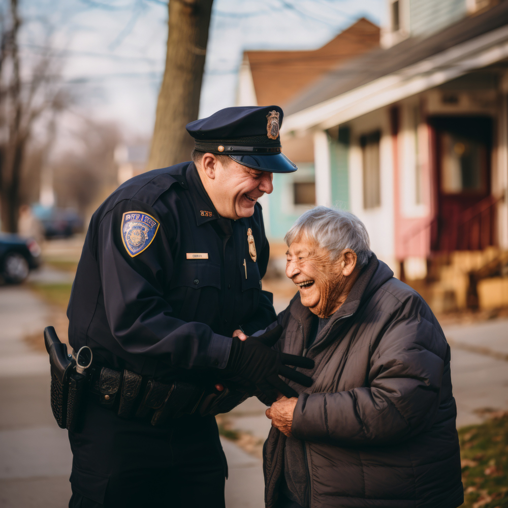 Security guard in an Orange County neighborhood greeting an elderly resident.