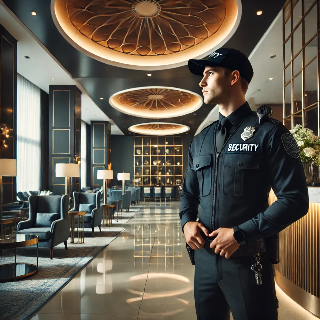 Hotel security guard with 'Security' visible on uniform patrolling a luxurious hotel lobby in Orange County.