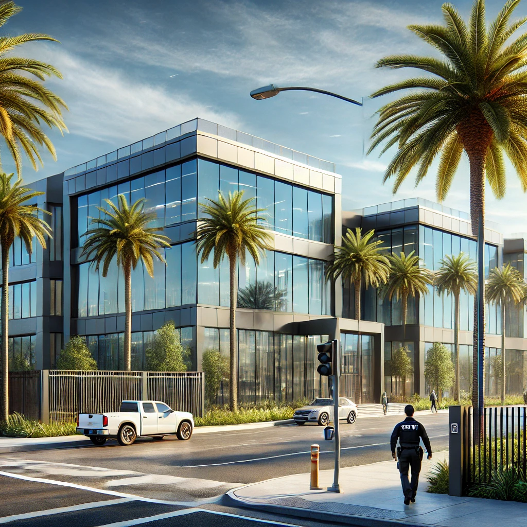 This image depicts a sleek and modern commercial property in Orange County, California, showcasing the importance of security services. Visible are professional security guards patrolling the premises, as well as high-tech surveillance cameras, emphasizing the advanced security measures in place. The clean, palm-lined environment and bright, sunny sky highlight the vibrant business atmosphere, reinforcing the necessity of safety for commercial properties in the region.