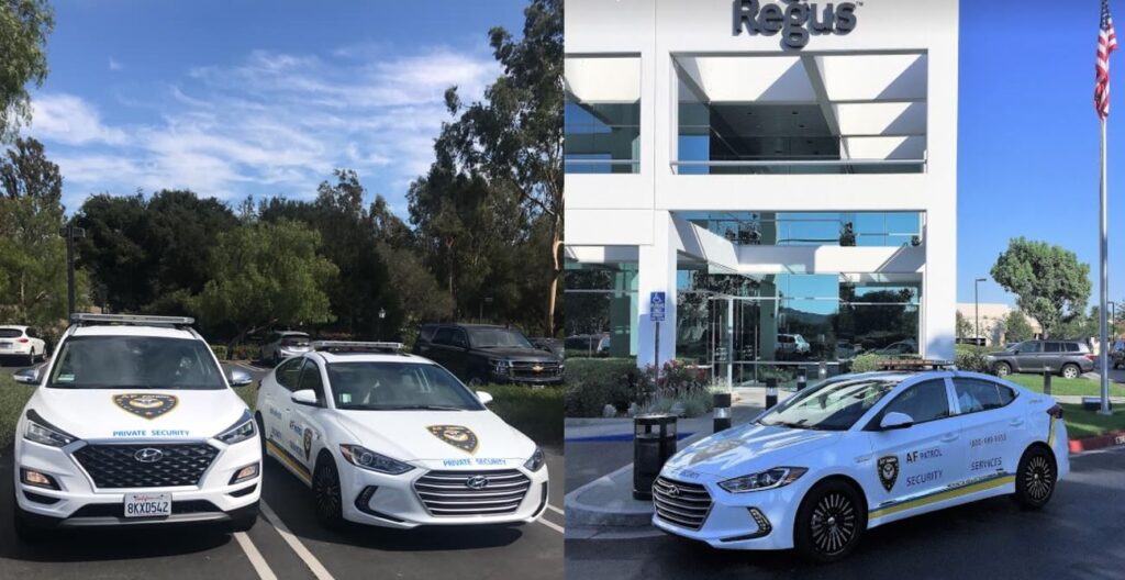 AF Patrol security vehicles parked in front of modern office buildings in Orange County.