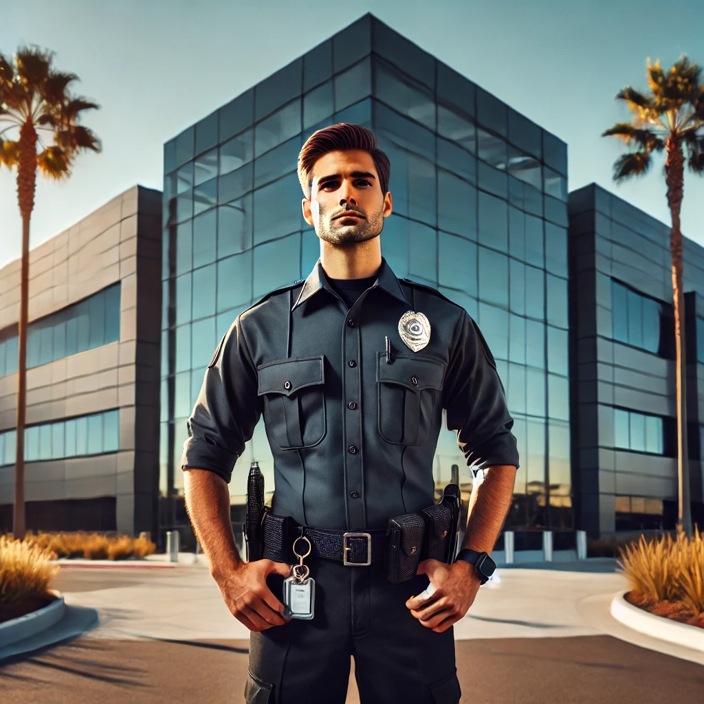 Security guard in a dark uniform standing confidently in front of a modern office building with palm trees and a sunny sky in Orange County.