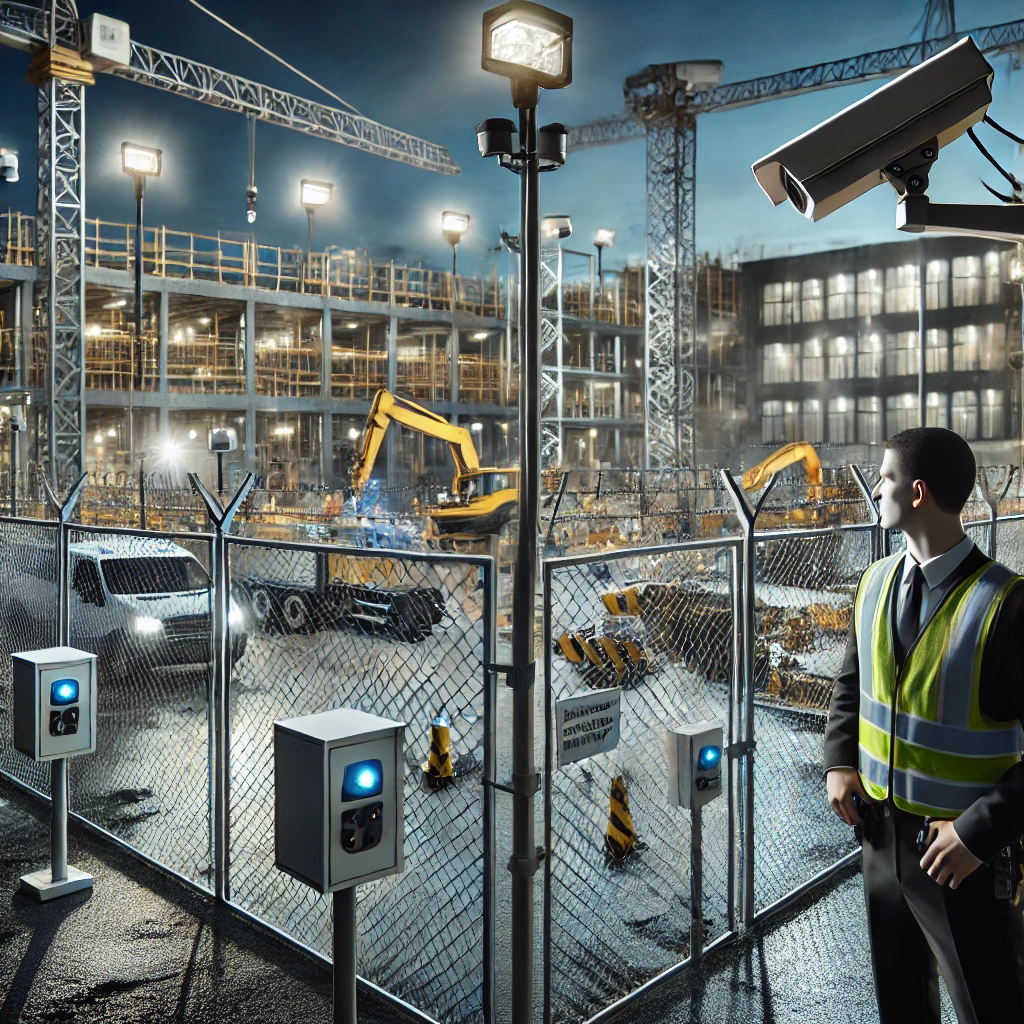 A secure construction site in the evening with a professional security guard patrolling, motion-sensor lights illuminating key areas, surveillance cameras mounted on poles, and anti-climb fencing surrounding the site. The background includes cranes, excavators, and partially constructed buildings, emphasizing a safe and protected environment.