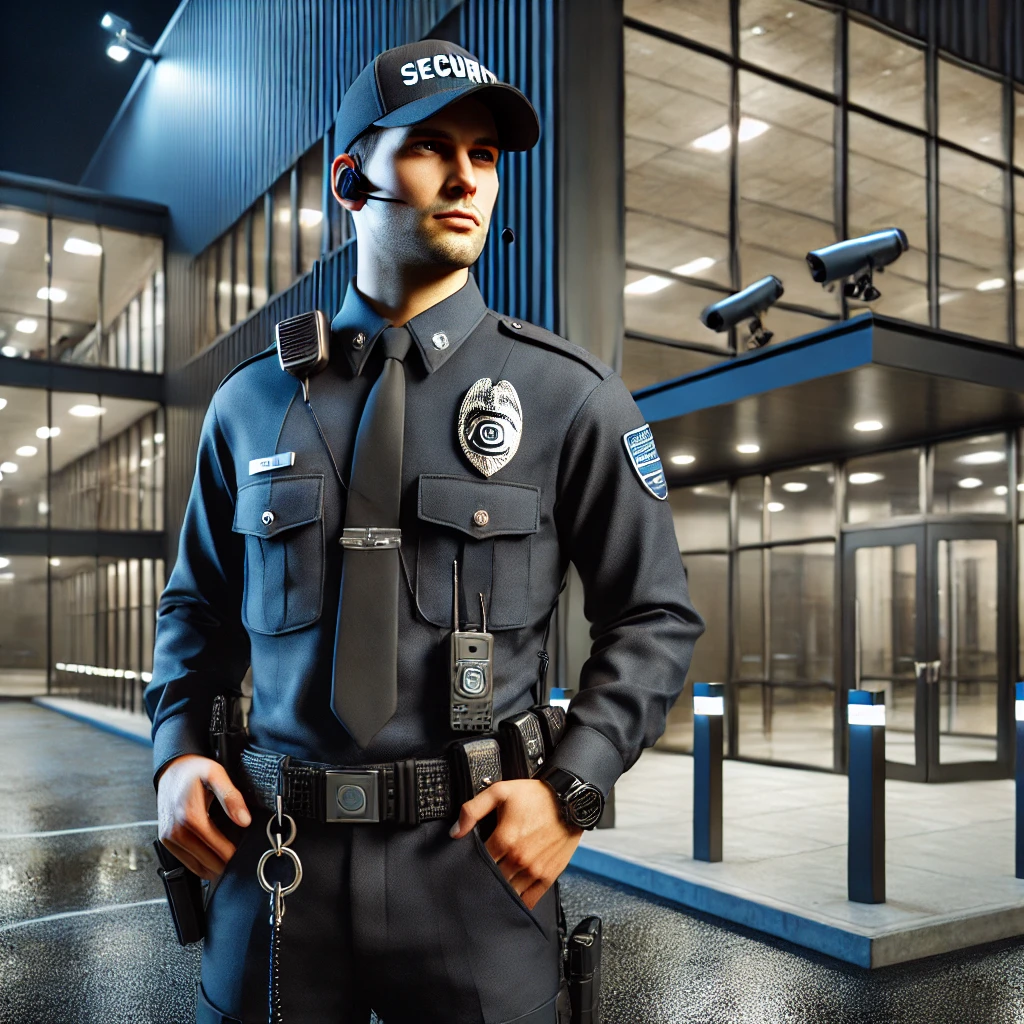 A professional security guard in uniform monitoring a commercial building in Orange County, ensuring safety and protection for businesses.