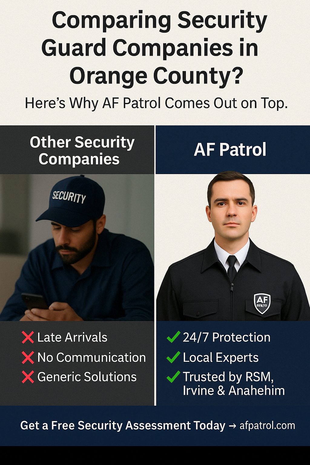 AF Patrol security guard alert and professional compared to sleeping, late, and unprepared guards from other security companies in Orange County