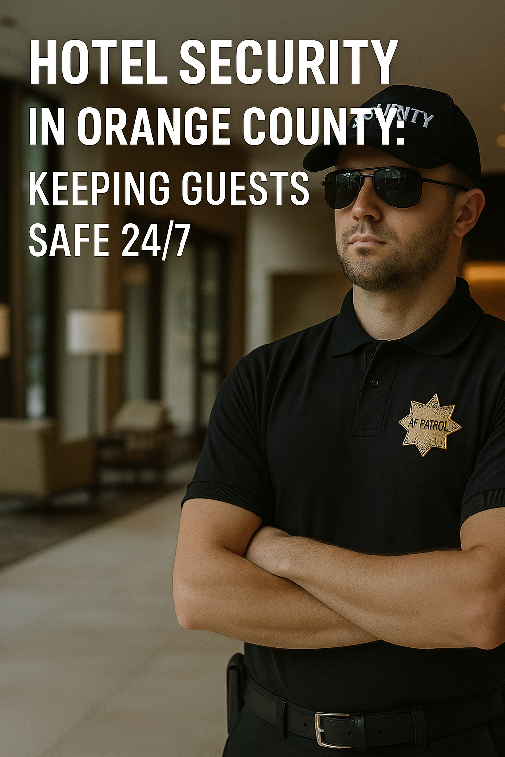 Hotel security guard in lobby wearing black uniform and sunglasses, representing 24/7 guest protection in Orange County hotels.