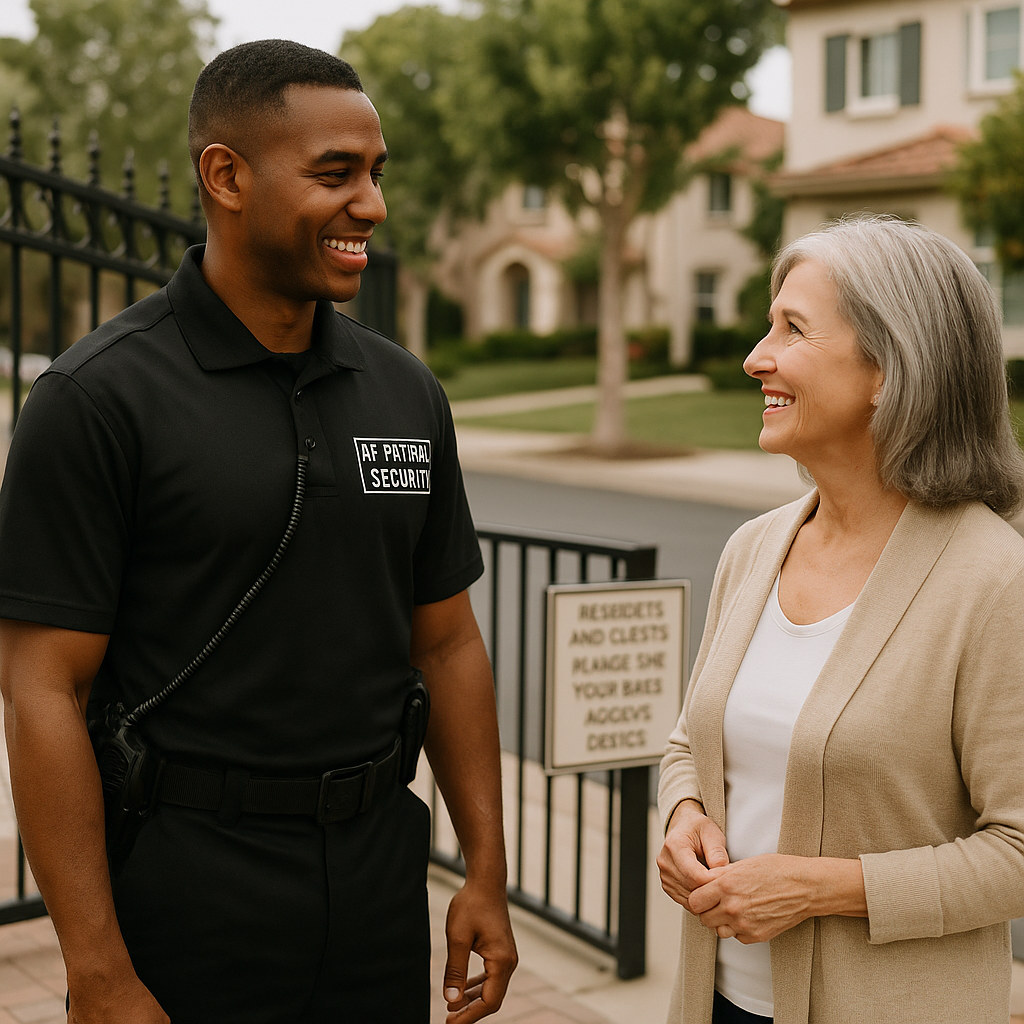 A licensed AF Patrol security guard on duty at a commercial property in Orange County, delivering reliable and professional protection services.