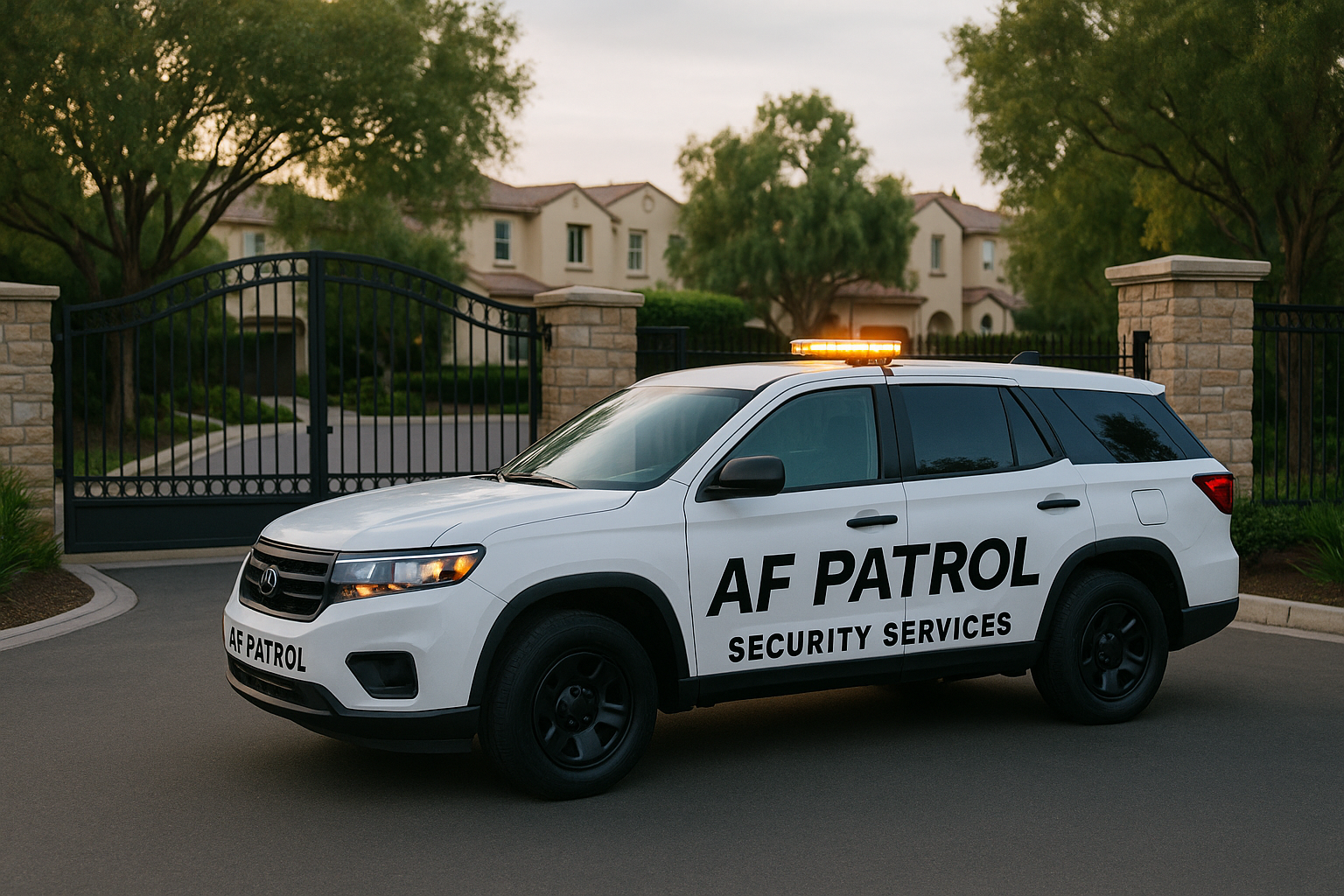AF Patrol signature patrol vehicle parked at a gated community entrance in Orange County, representing trusted residential and commercial security services.