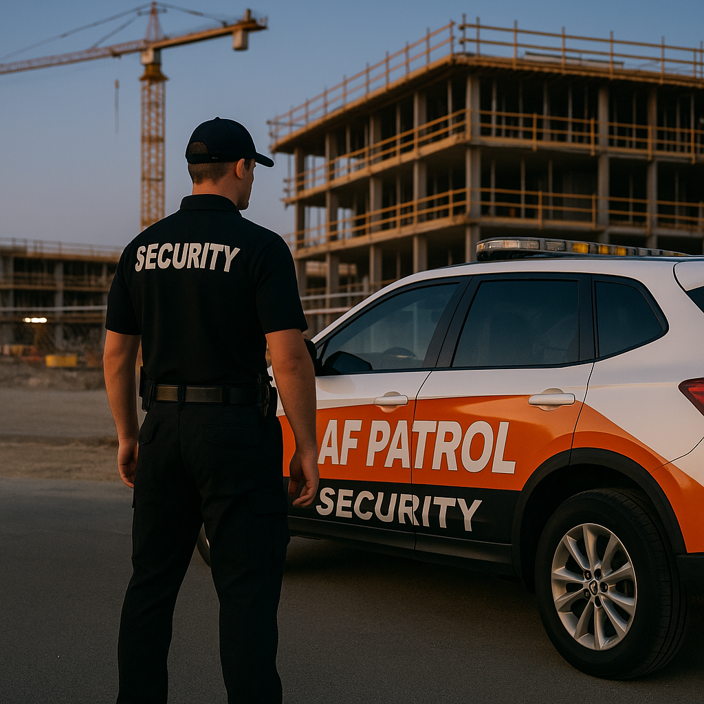 AF Patrol security patrol vehicle parked at a construction site in Orange County at twilight, ensuring 24/7 protection against theft and trespassing.