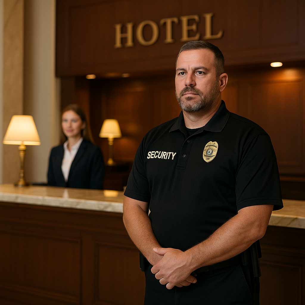 A BSIS-certified AF Patrol security guard in uniform standing discreetly inside a luxury Orange County hotel lobby, providing professional hotel security.