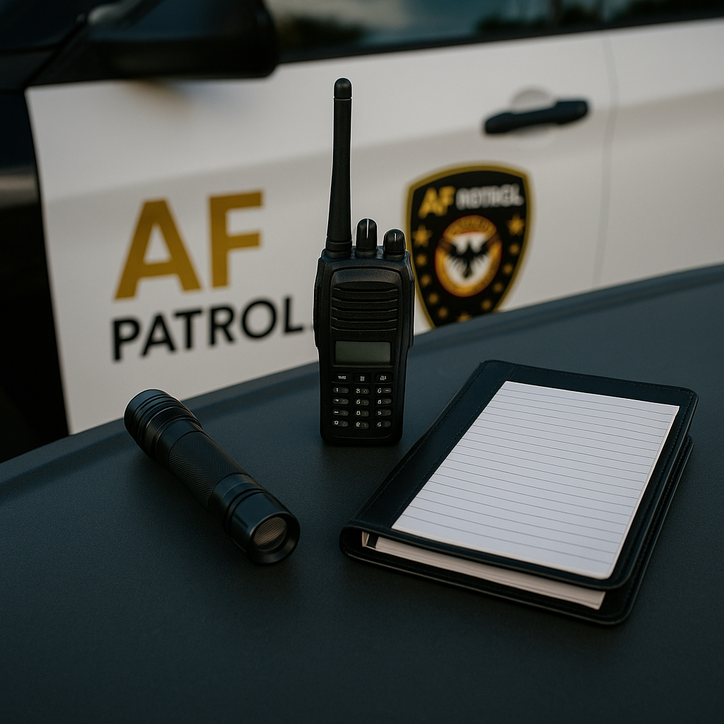 Close-up of AF Patrol security guard toolkit including flashlight, radio, logbook, and branded patrol vehicle used for professional security in Orange County.