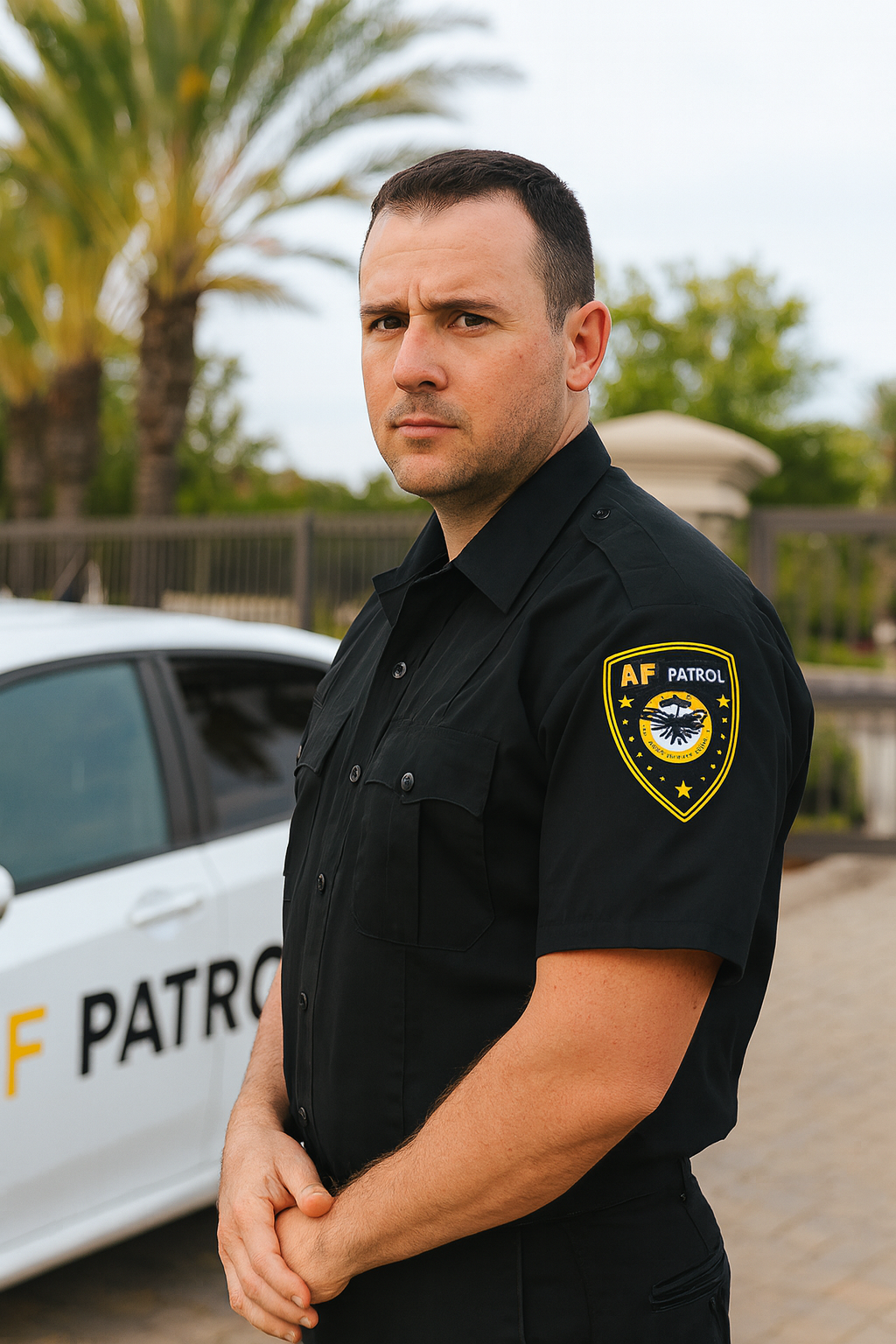 A uniformed AF Patrol security guard stands in front of the company’s branded patrol vehicle at a gated community in Orange County, representing professional security services.