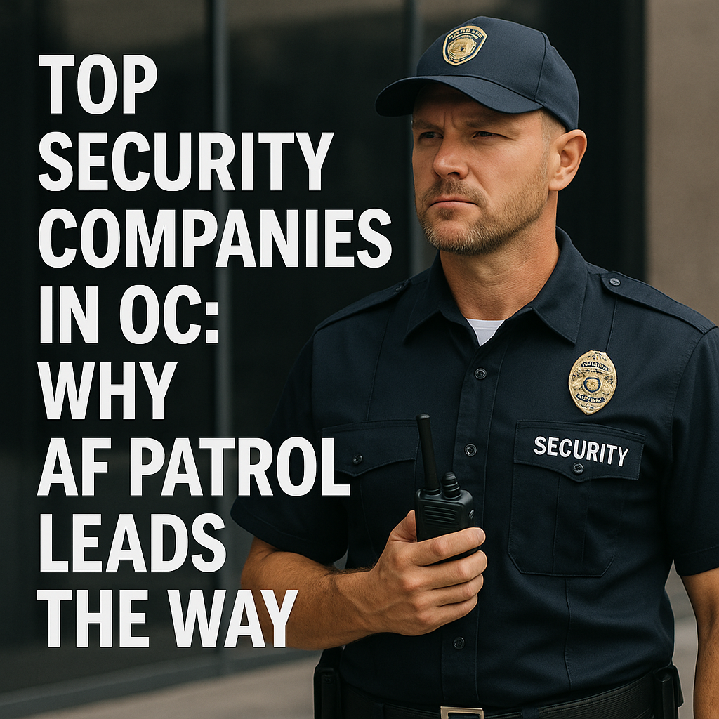 Professional security guard in uniform standing in front of a modern building representing top security companies in OC, AF Patrol.
