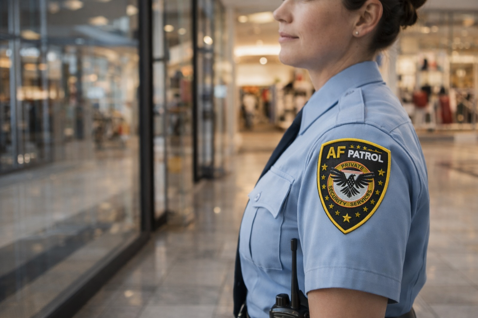 AF Patrol security guard standing inside a modern Orange County shopping center wearing light blue uniform with official embroidered shoulder badge.