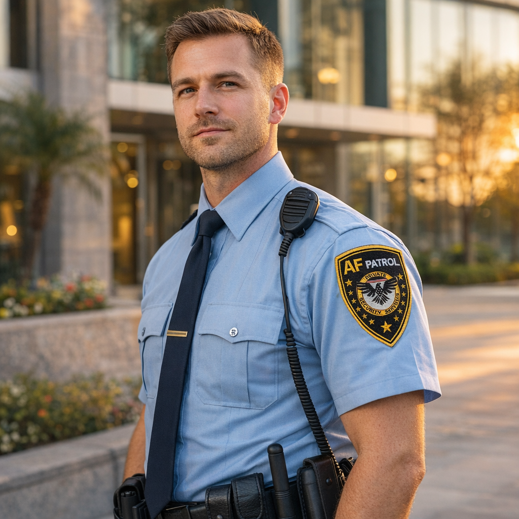 Professional AF Patrol security guard in light blue uniform with embroidered shoulder badge standing outside a modern glass office building in Orange County during golden hour.