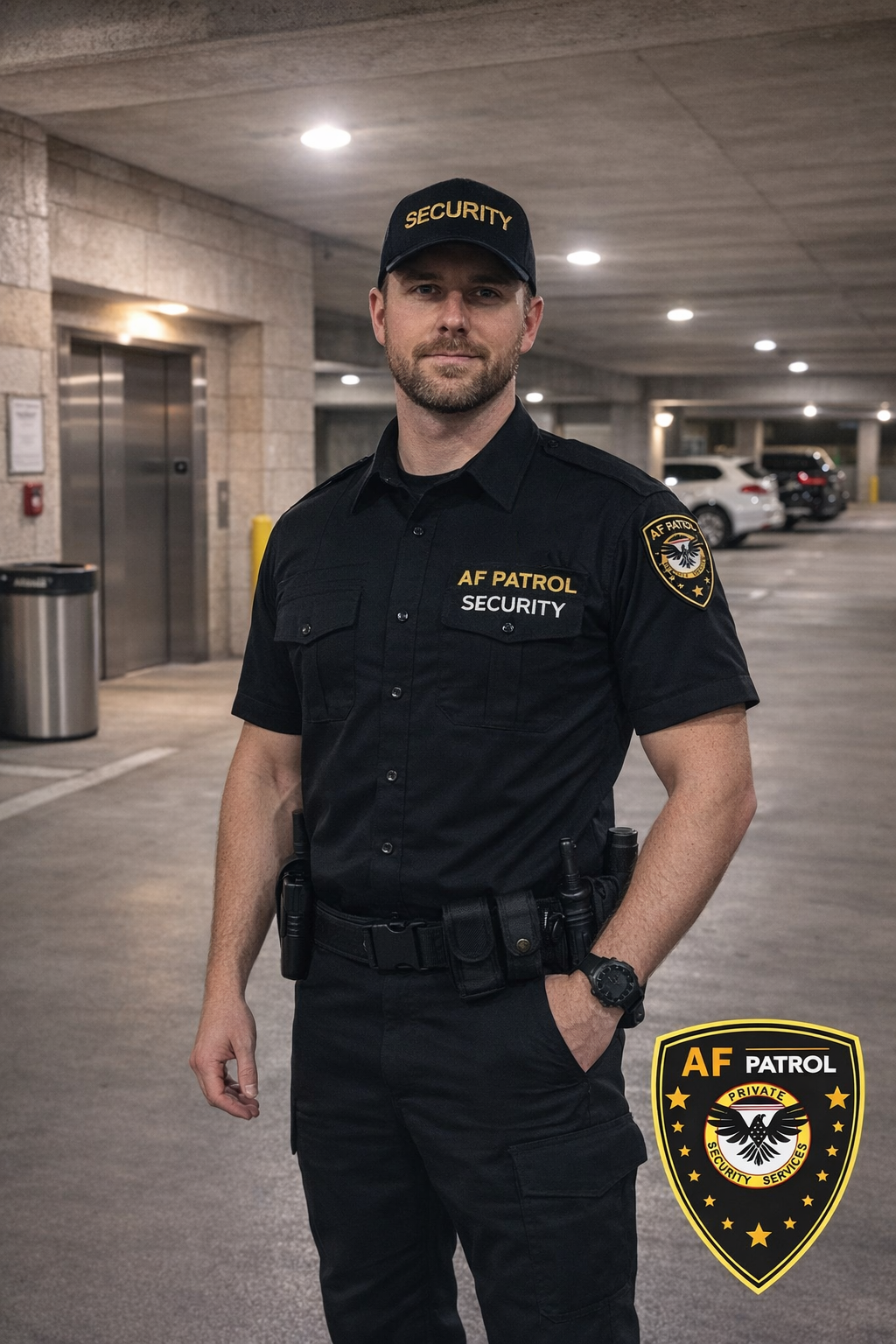 Licensed AF Patrol security guard providing professional security services at a commercial property in Orange County, California