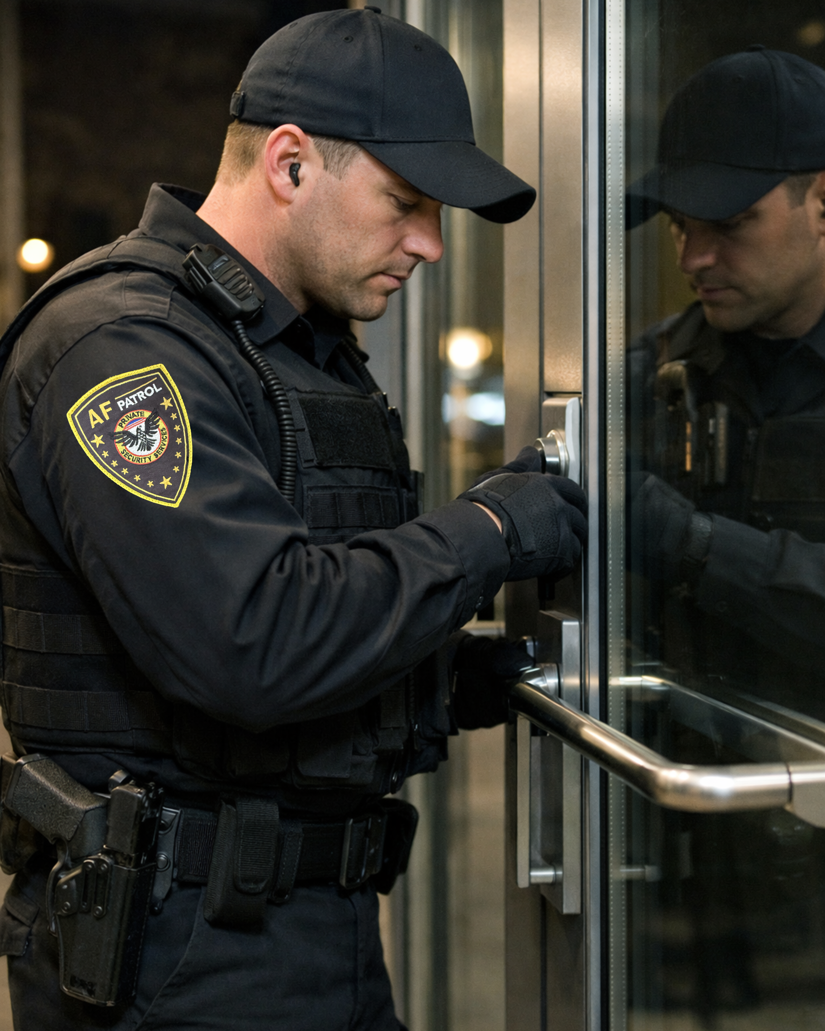 Licensed AF Patrol security guard providing professional security services at a commercial property in Orange County, California