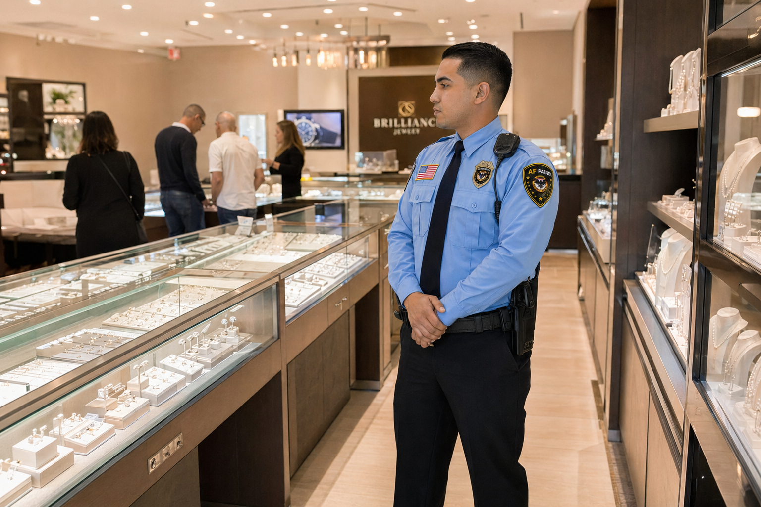 AF Patrol security guard standing inside a modern jewelry store in Orange County, monitoring glass display cases while customers browse in a well-lit retail environment