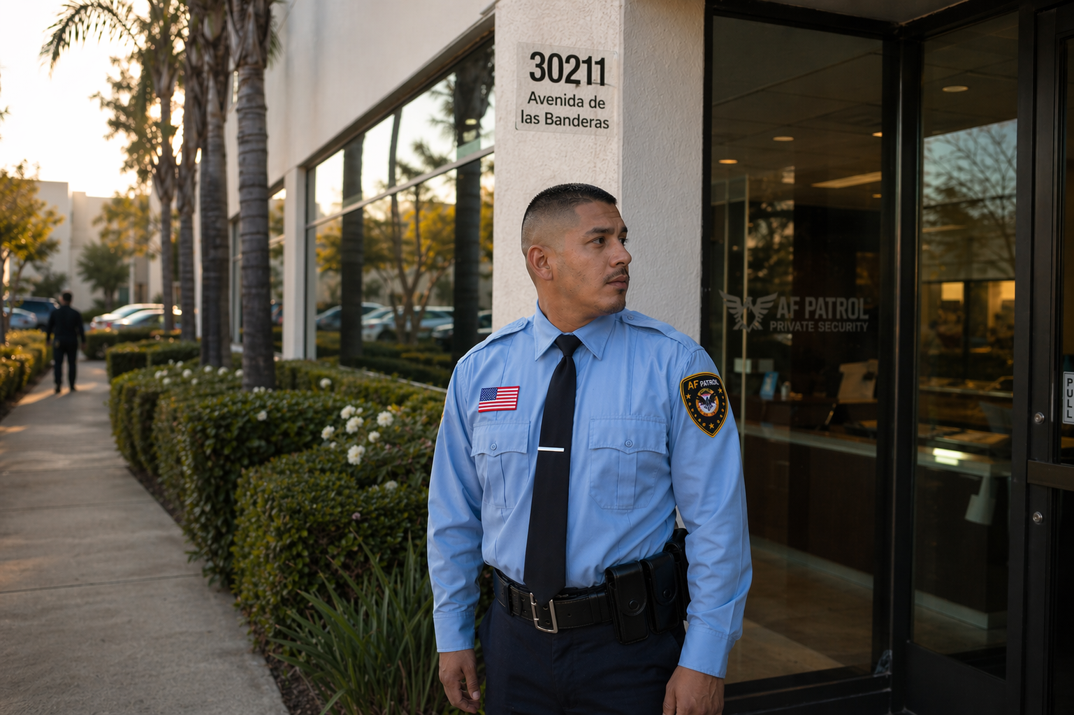 AF Patrol security guard outside headquarters at 30211 Avenida de las Banderas in Rancho Santa Margarita during golden hour
