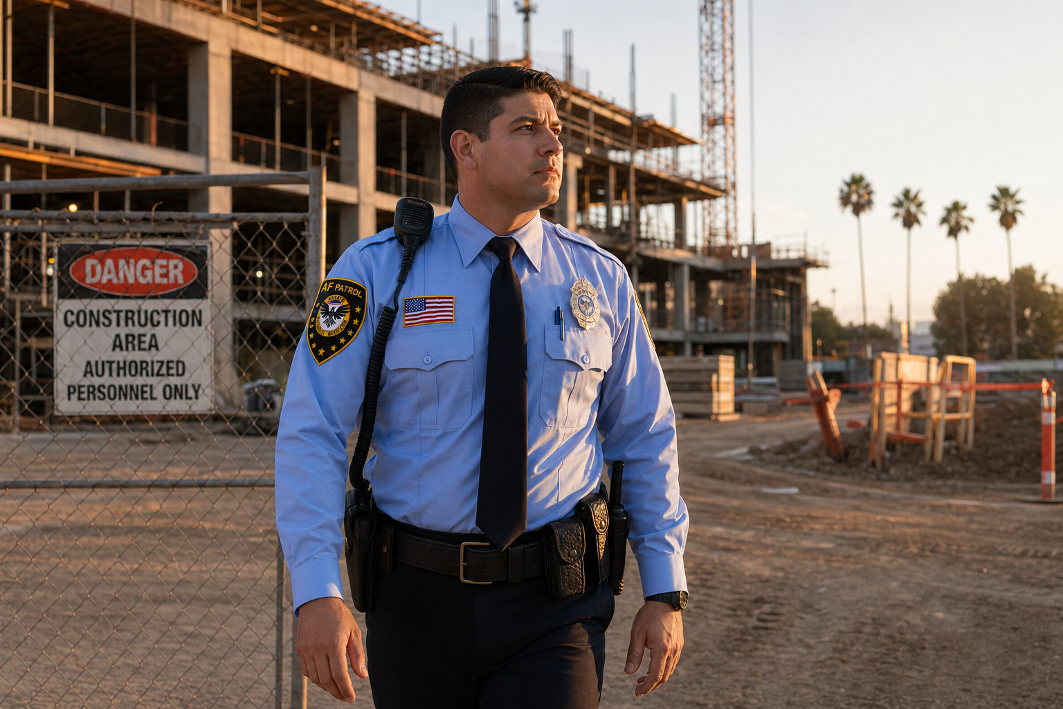AF Patrol security patrol vehicle parked at a construction site in Orange County at twilight, ensuring 24/7 protection against theft and trespassing.