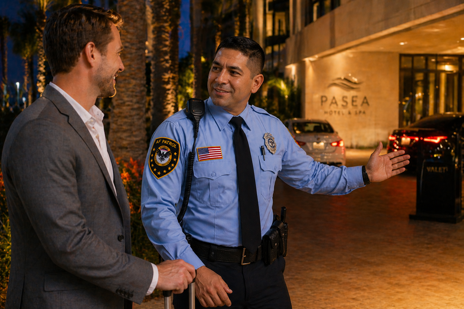 AF Patrol security guard interacting with a hotel guest at a valet entrance in Orange County during evening, guiding the guest while maintaining a professional security presence.