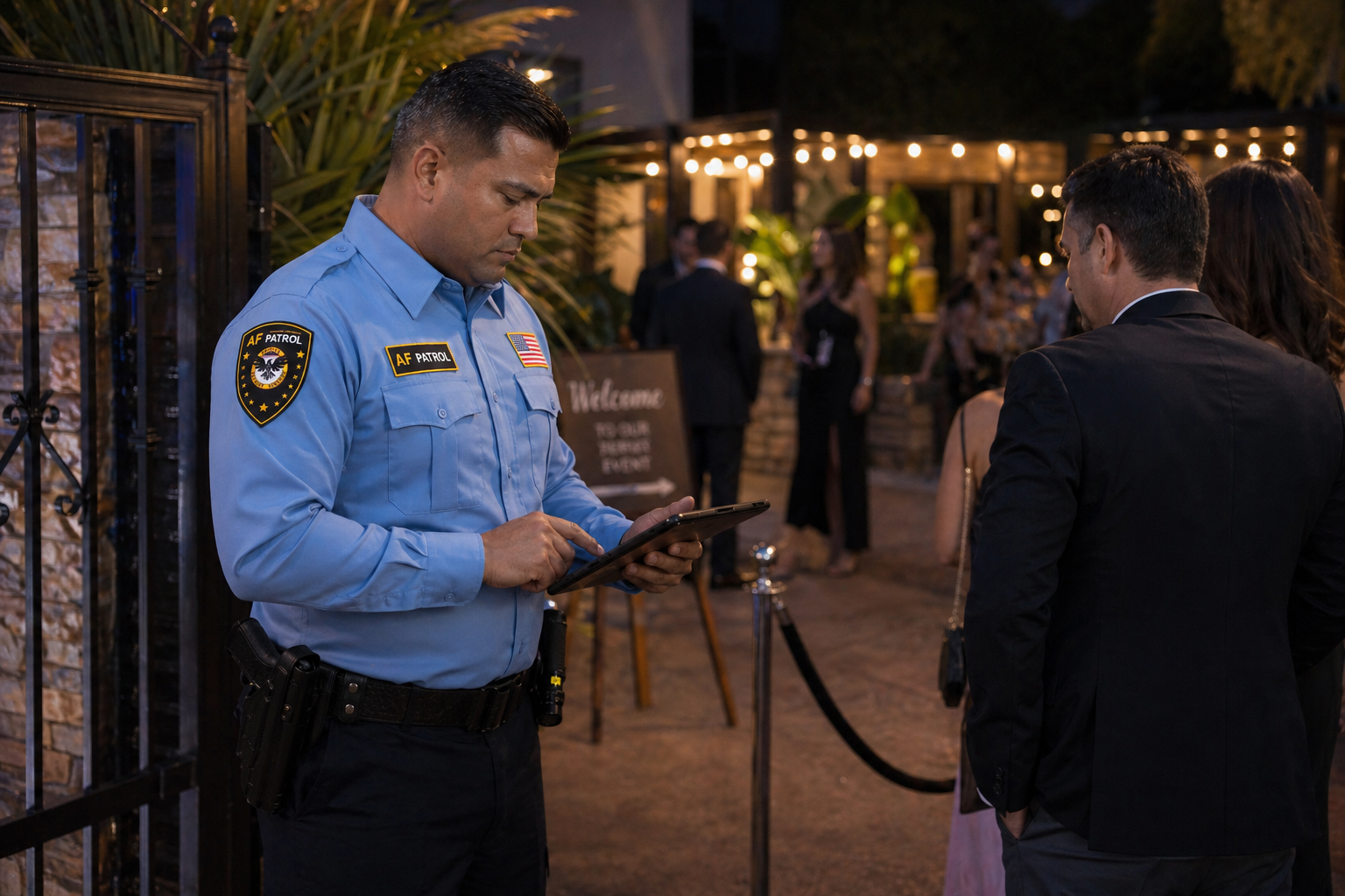 Security guard in light blue AF Patrol uniform checking guest list on tablet at a private event entrance in Orange County with rope barrier and arriving guests