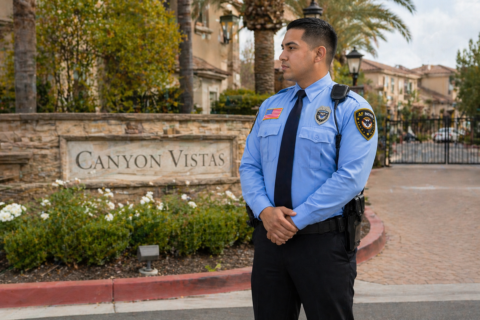 AF Patrol security guard standing at the entrance of a gated residential community in Orange County, monitoring access near a neighborhood sign and secured gate