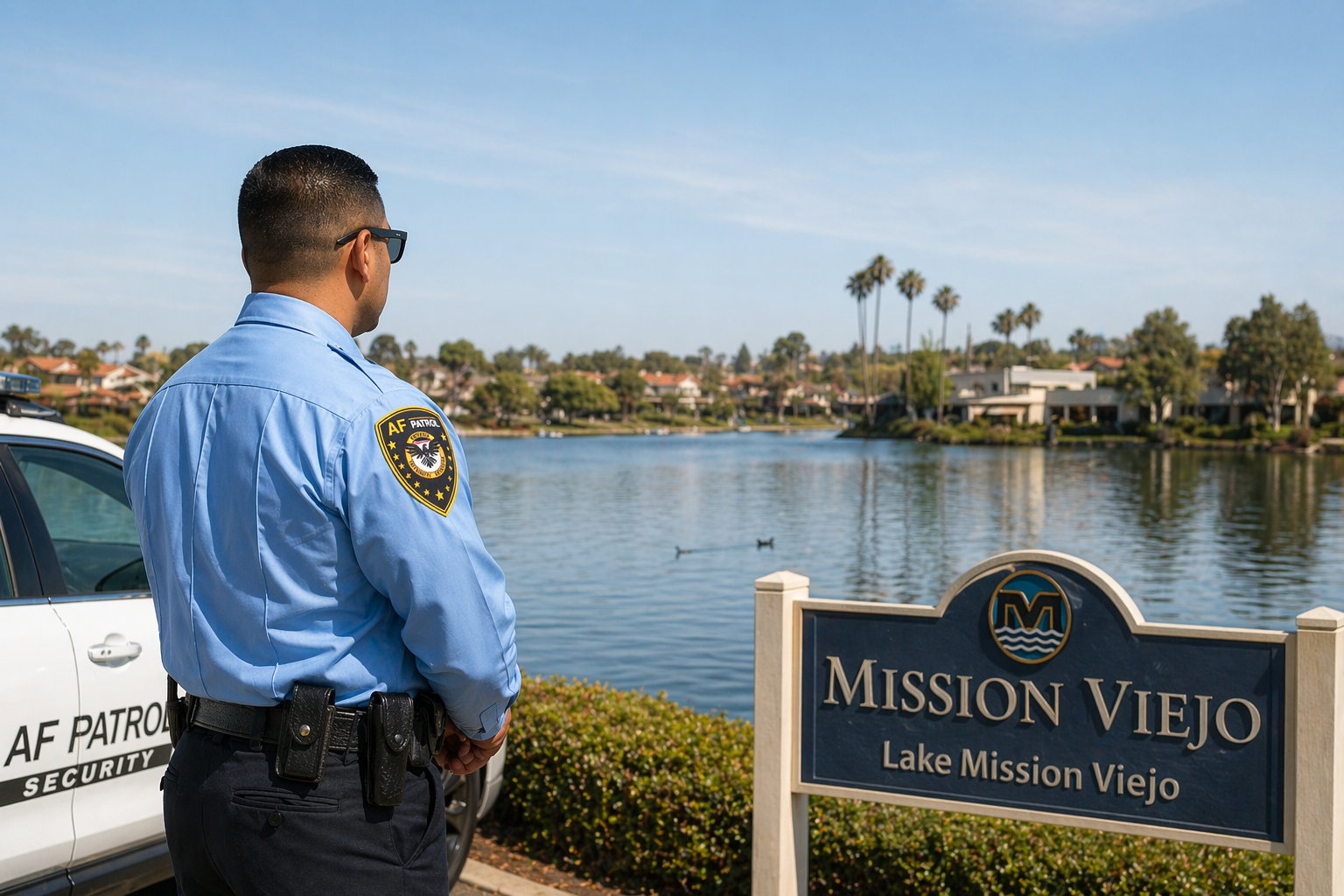 Security guard standing near Lake Mission Viejo in Orange County next to an AF Patrol vehicle, monitoring a residential community with lakefront homes in the background.