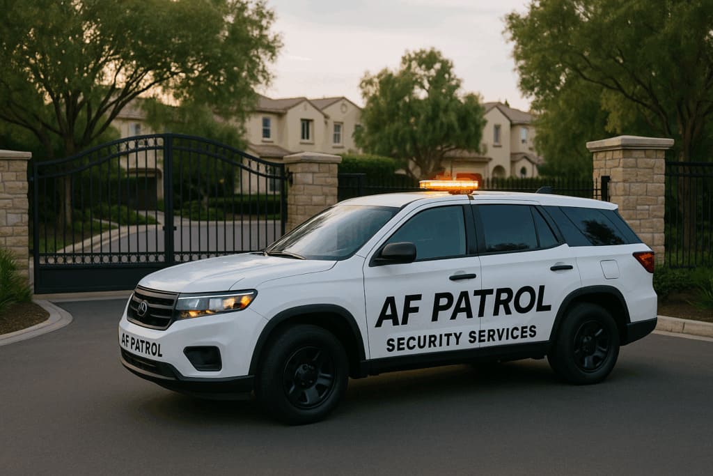 AF Patrol security guard interacting with a hotel guest at a valet entrance in Orange County during evening, guiding the guest while maintaining a professional security presence.