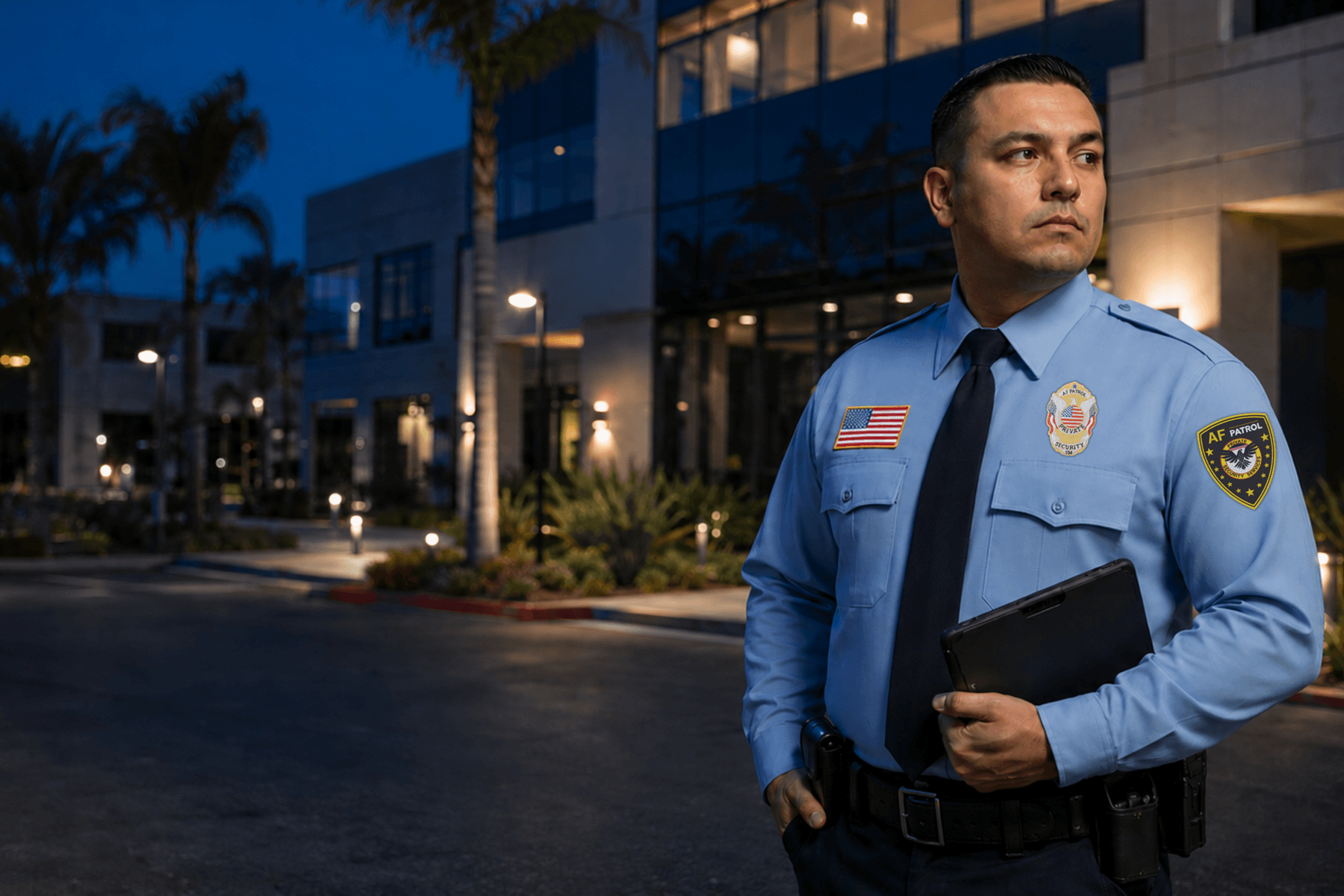 Professional AF Patrol security guard speaking into a radio while monitoring a hotel valet entrance in Orange County during early evening, with visible AF Patrol patch on right shoulder.