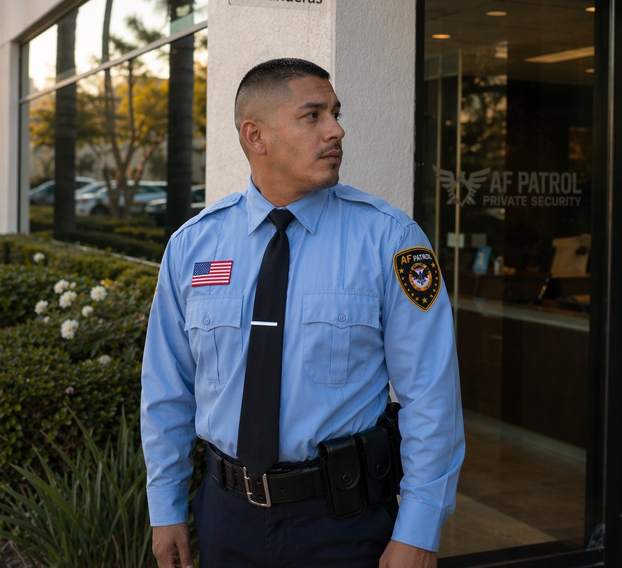 Licensed AF Patrol security guard providing professional security services at a commercial property in Orange County, California