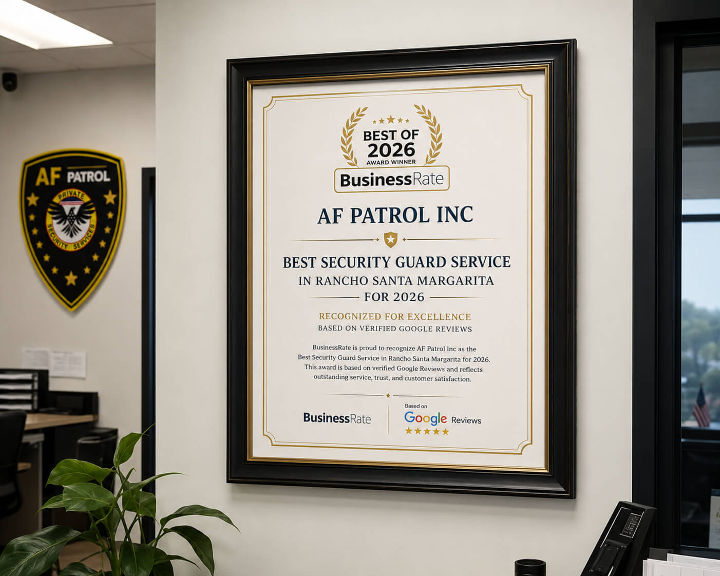 Professional security guard monitoring a freight warehouse loading dock in Orange County, providing cargo and logistics security services.
