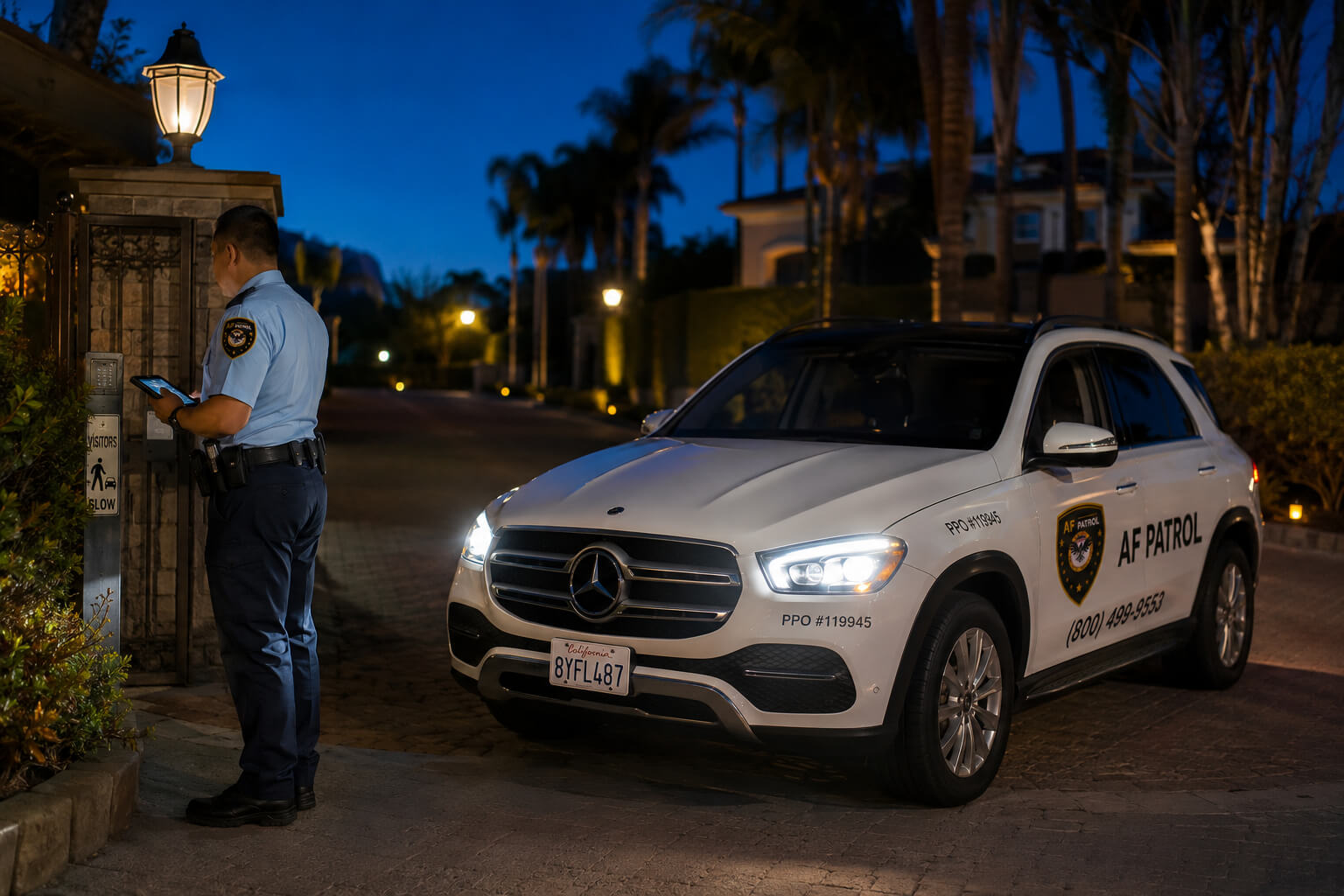 Professional security guard monitoring a freight warehouse loading dock in Orange County, providing cargo and logistics security services.