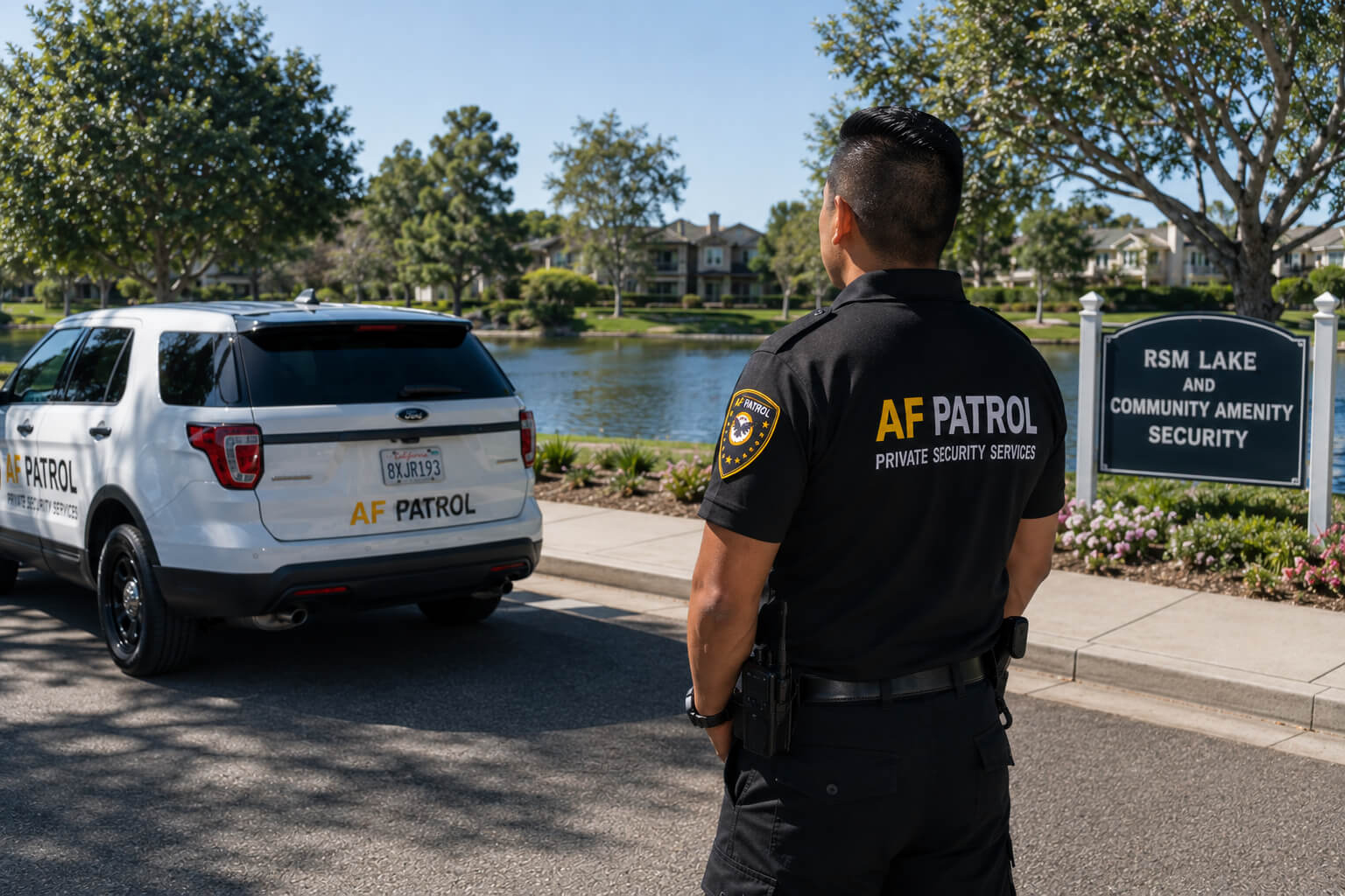 AF Patrol security patrol vehicle parked at a construction site in Orange County at twilight, ensuring 24/7 protection against theft and trespassing.