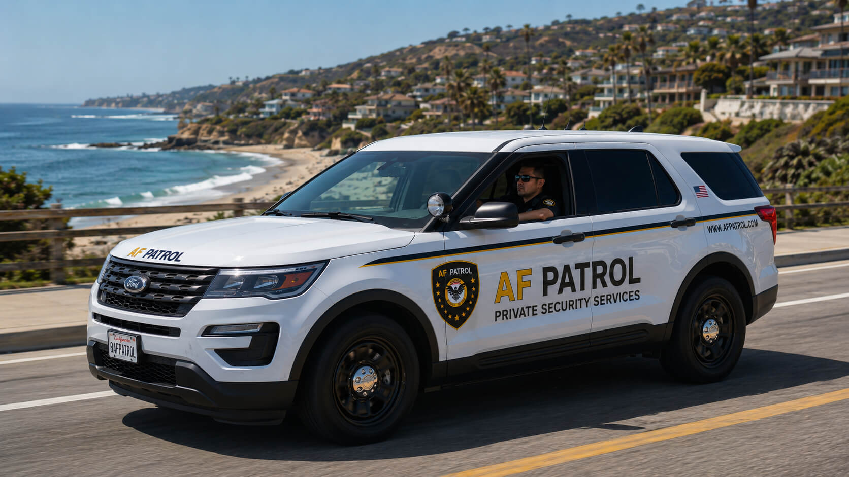 Professional security guard monitoring a freight warehouse loading dock in Orange County, providing cargo and logistics security services.