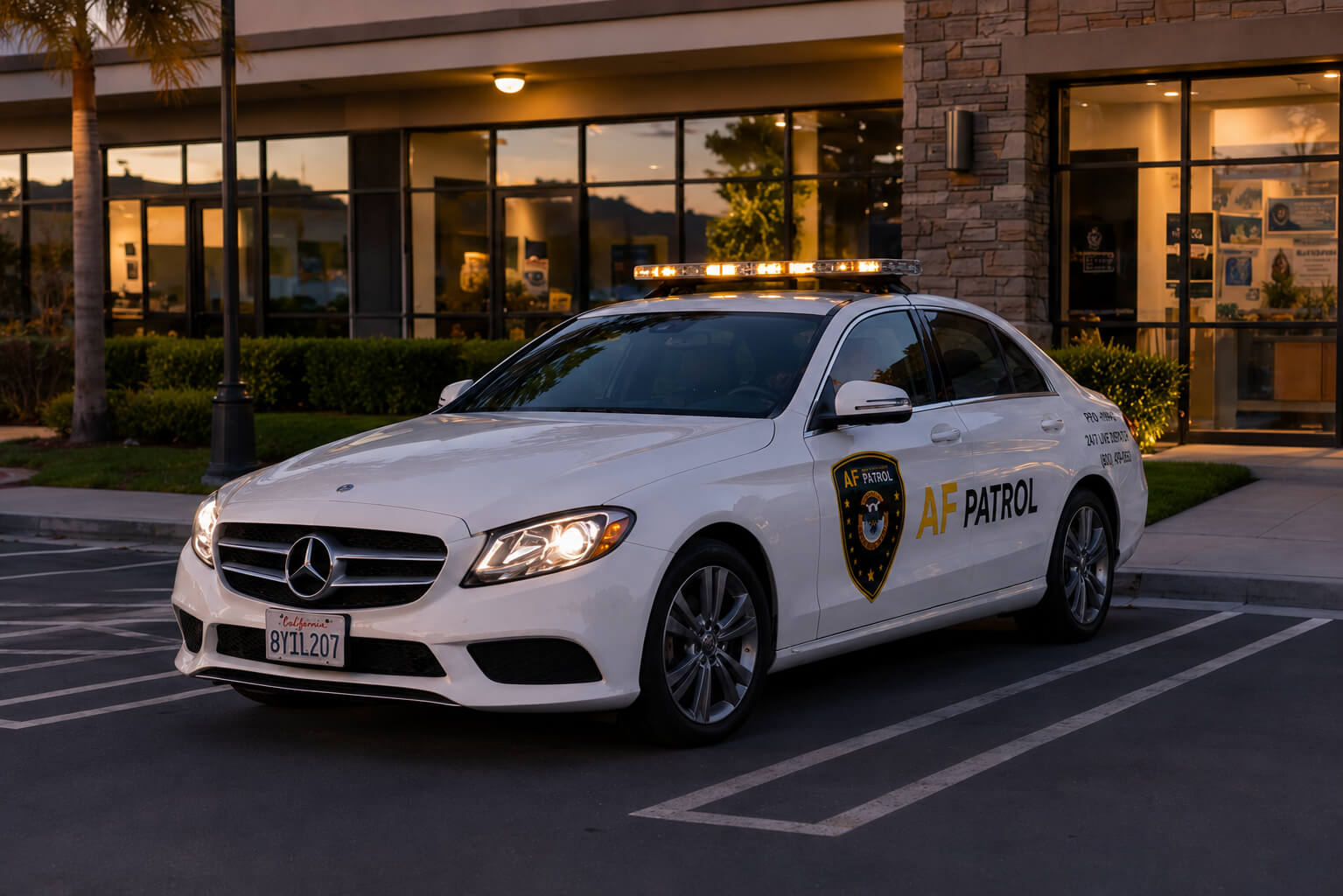 Uniformed security guard from AF Patrol standing in front of a commercial building in Orange County, California