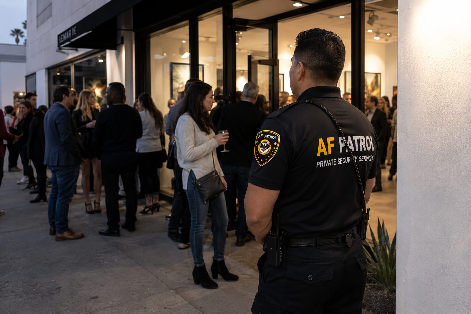 AF Patrol security vehicle patrolling a commercial office park in Orange County at dusk with visible branding and driver inside scanning surroundings