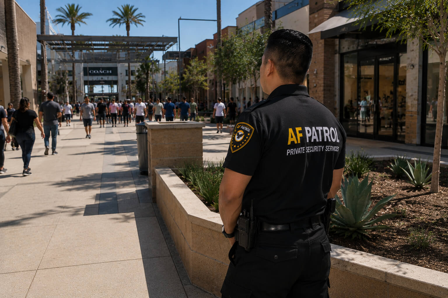Three AF Patrol security officers in light blue uniforms standing outside a modern commercial building in Orange County at sunset.