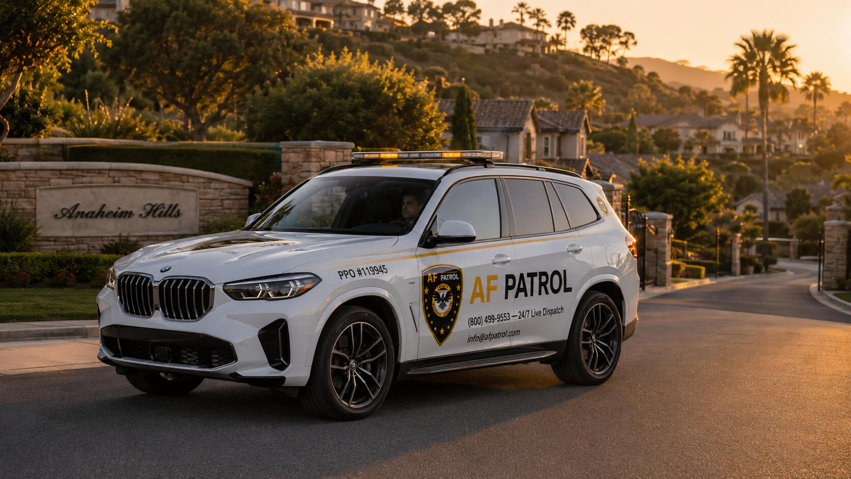 AF Patrol security patrol vehicle parked at a construction site in Orange County at twilight, ensuring 24/7 protection against theft and trespassing.