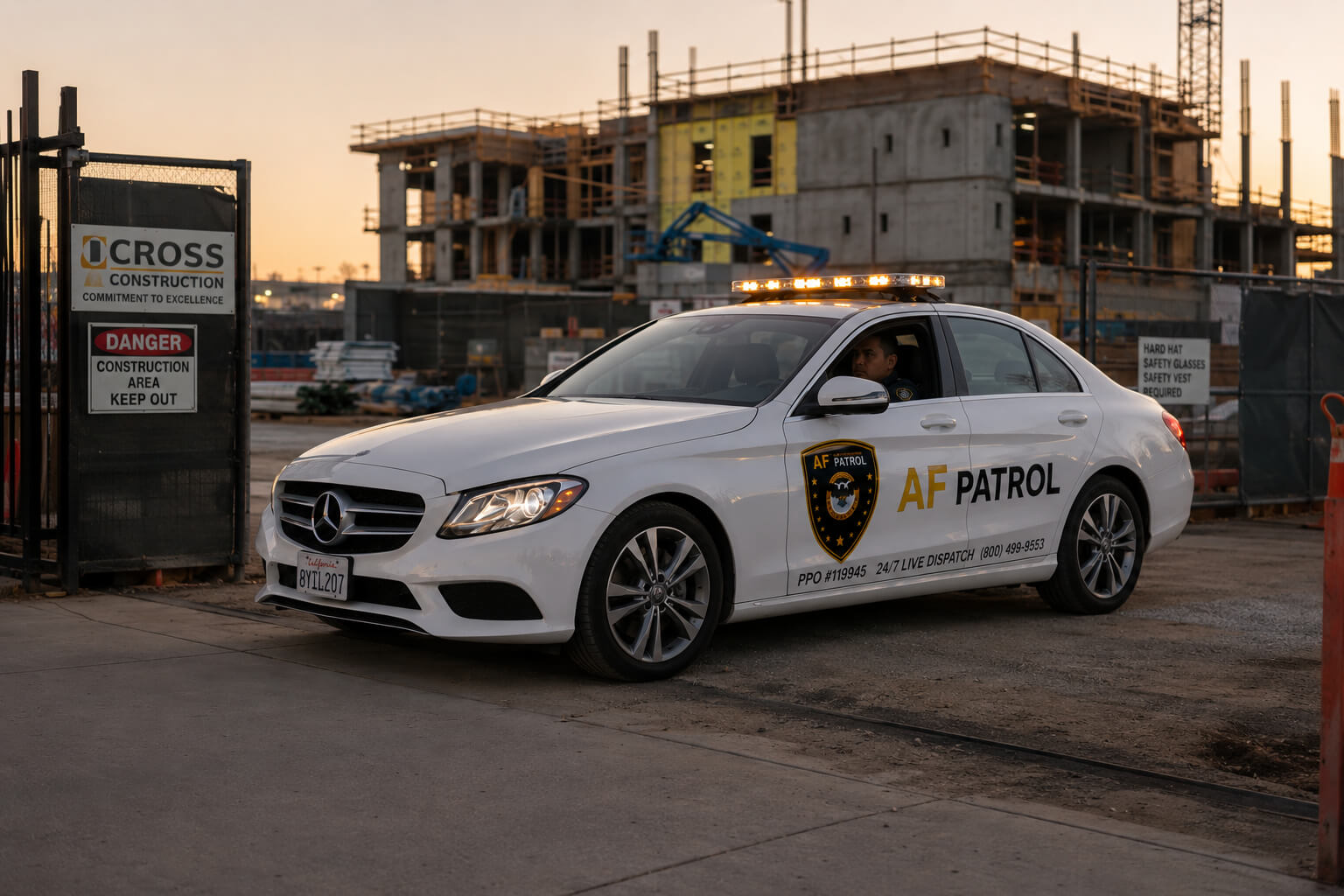 AF Patrol security patrol vehicle parked at a construction site in Orange County at twilight, ensuring 24/7 protection against theft and trespassing.