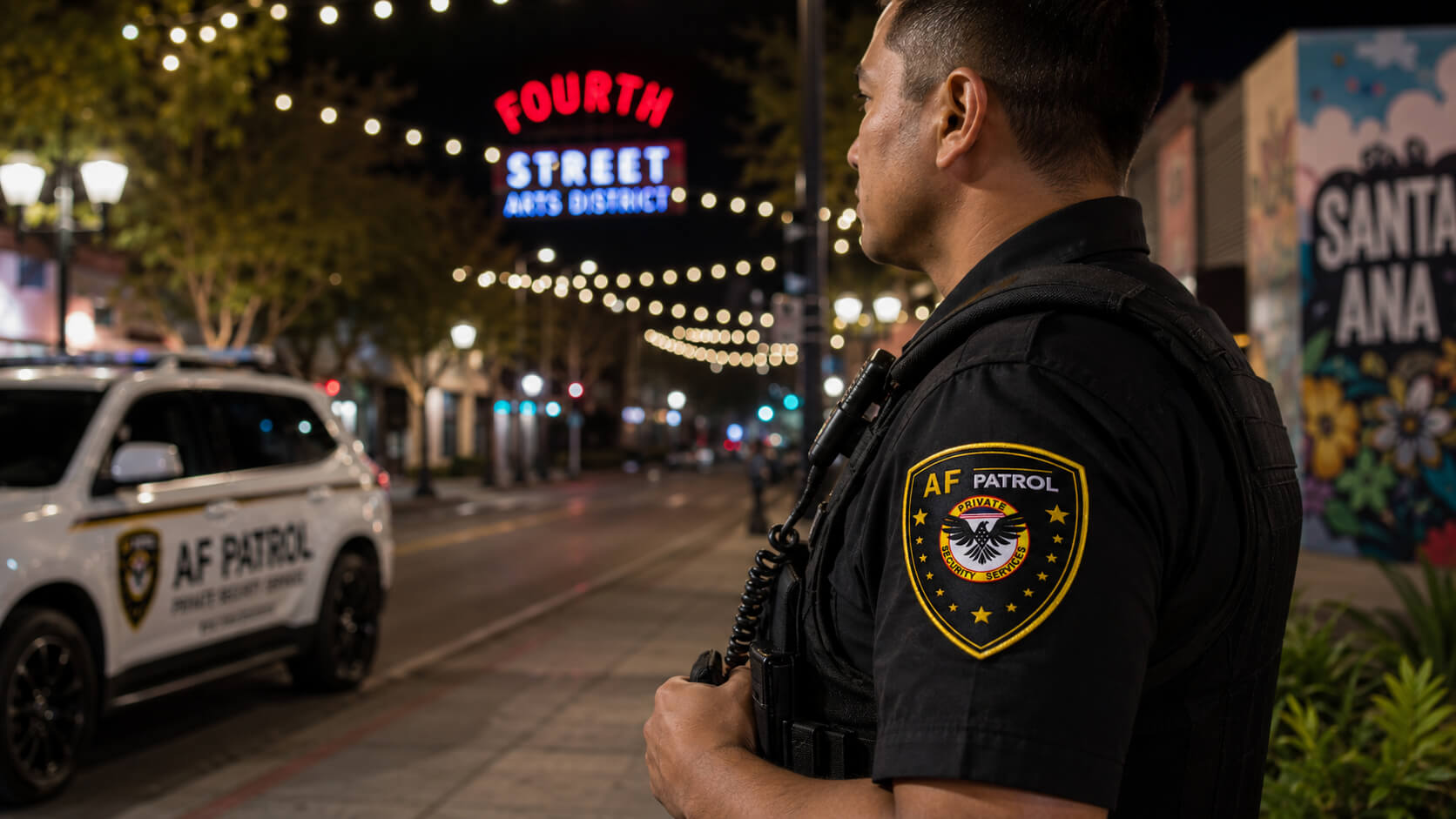 Professional AF Patrol security guard speaking into a radio while monitoring a hotel valet entrance in Orange County during early evening, with visible AF Patrol patch on right shoulder.