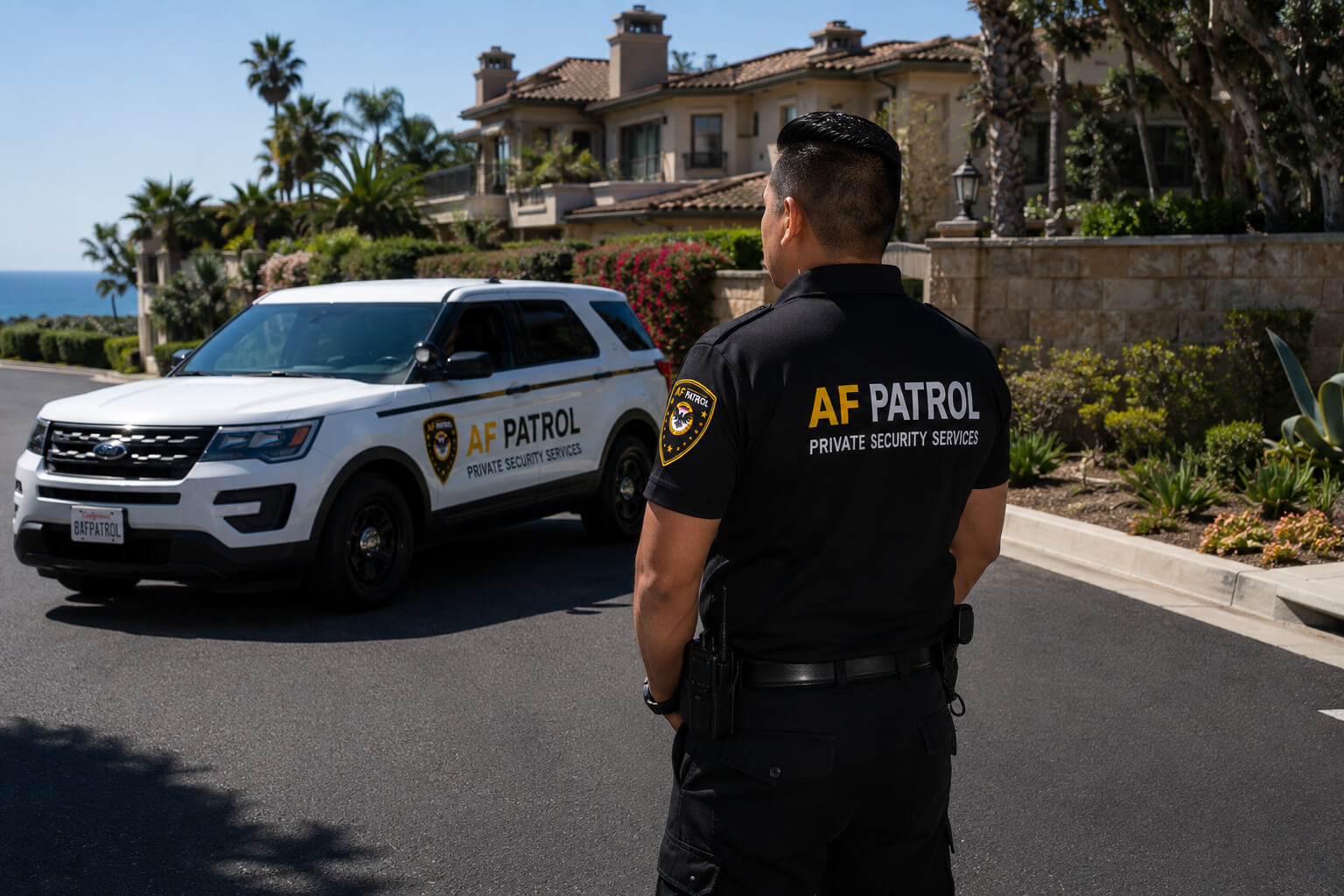 AF Patrol security patrol vehicle parked at a construction site in Orange County at twilight, ensuring 24/7 protection against theft and trespassing.