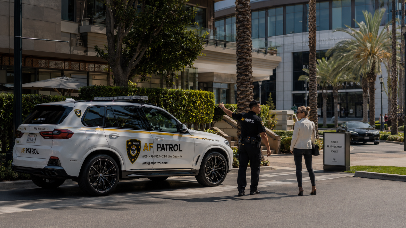 AF Patrol security patrol vehicle parked at a construction site in Orange County at twilight, ensuring 24/7 protection against theft and trespassing.