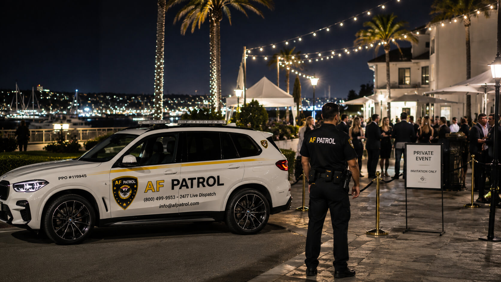 Uniformed security guard from AF Patrol standing in front of a commercial building in Orange County, California