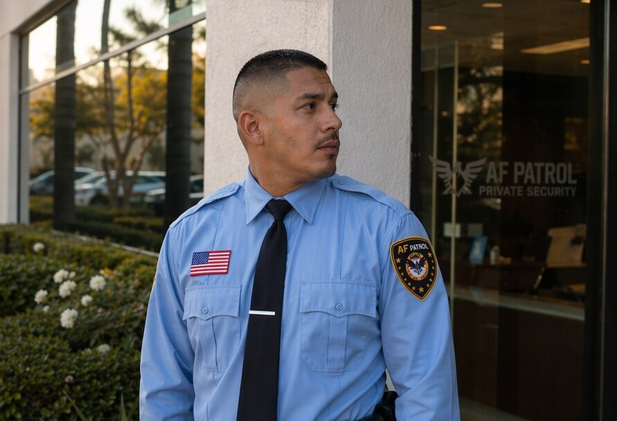 Professional security guard monitoring a freight warehouse loading dock in Orange County, providing cargo and logistics security services.